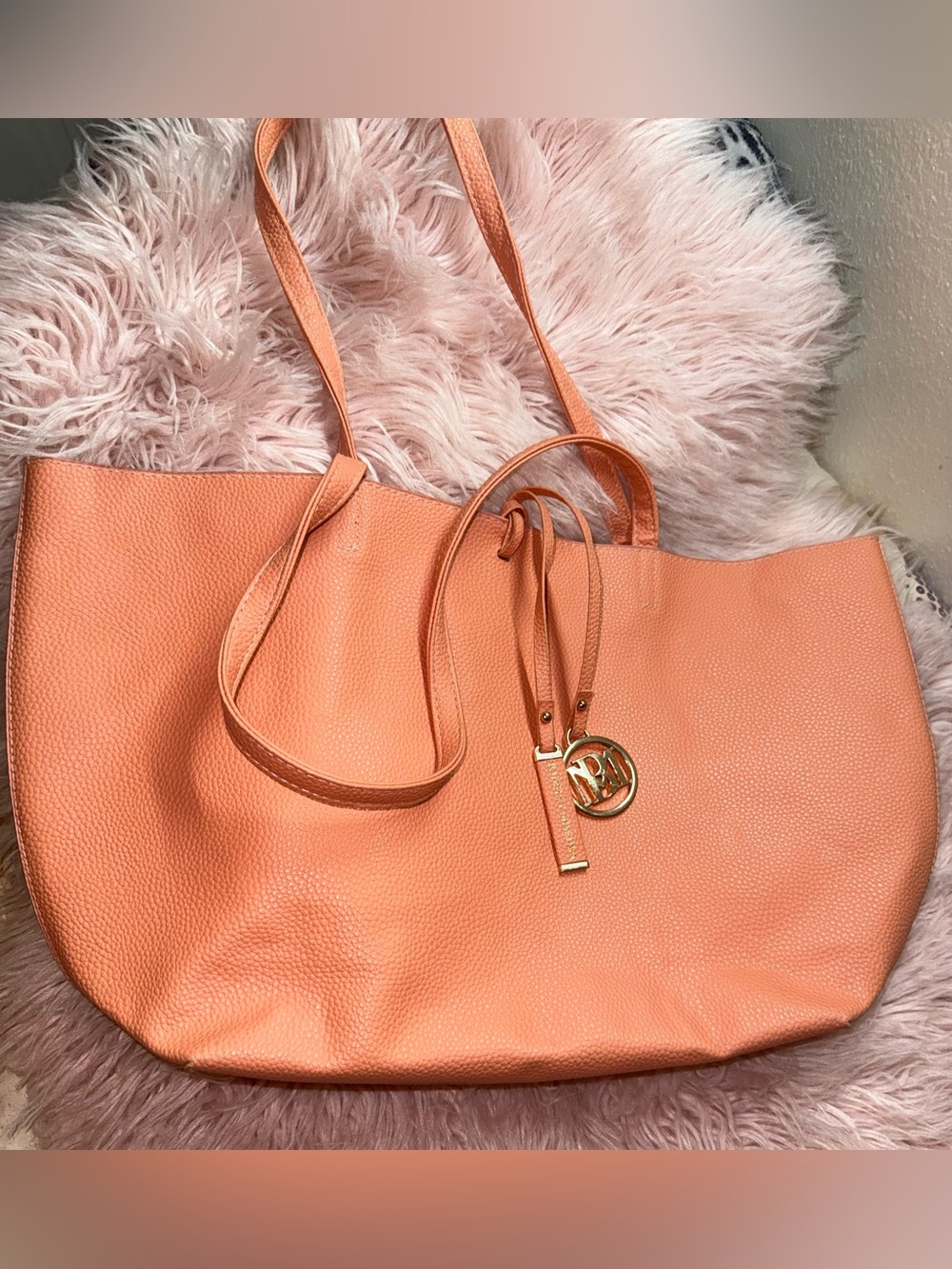Madgley Mischka Peach Pebbled Leather Tote with Gold Logo Charm